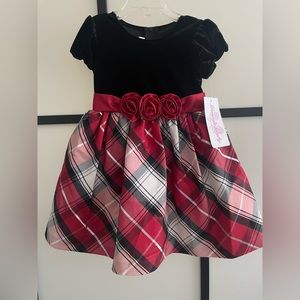 HOLIDAY RED, WHITE AND BLACK TODDLER GIRL DRESS| SIZE 2T | THREE RED FLOWERS